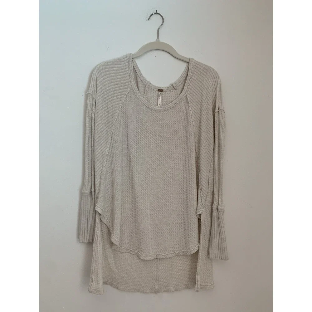 Free People Sz S Ventura Pullover Beige Thermal Waffle Loose Cozy Soft Lounge